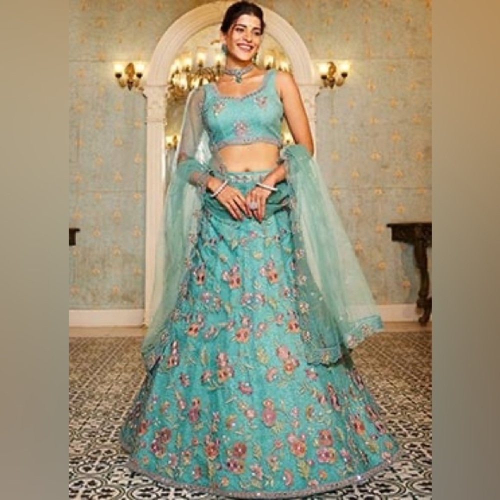 Elegant Aqua Blue Embroidered Lehenga